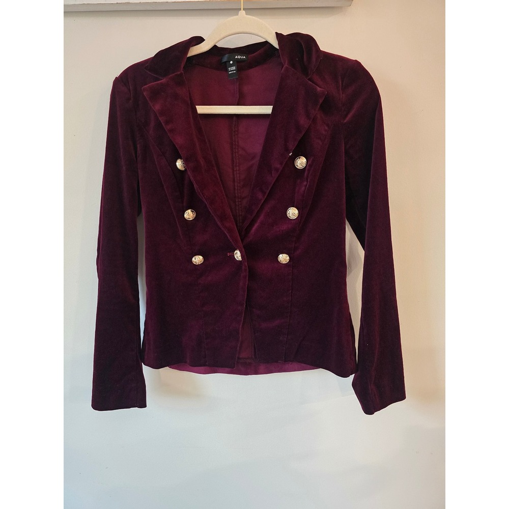 Aqua Womens Burgundy Velvet Double Breasted Blazer Gold Crest Buttons Size XS